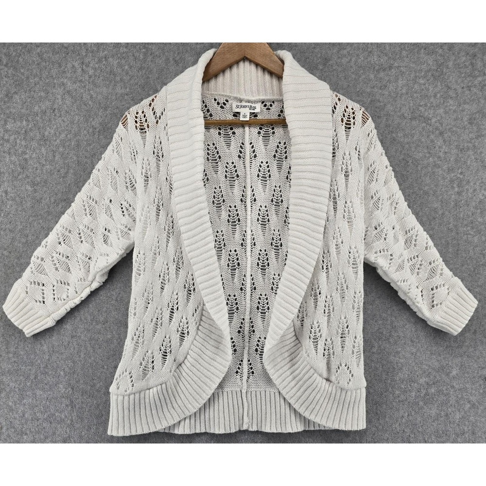 Vtg St. John's Bay White Open Knit Cardigan Sz S Shawl Collar Pointelle 3/4 Slv